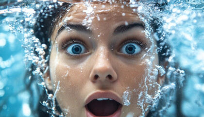 Surprised woman underwater with wide eyes and open mouth, surrounded by bubbles, capturing moment of shock and wonder