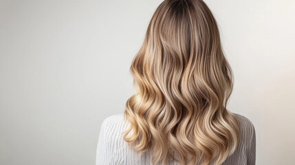 Fototapeta premium woman with balayage hair showcases beautiful waves from back, highlighting blend of colors and texture. soft, natural look evokes sense of elegance and style