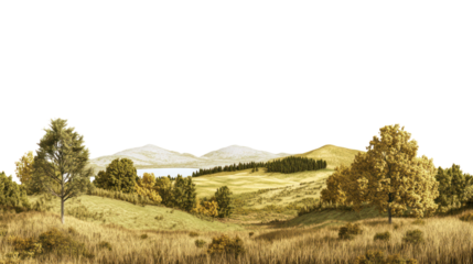 Beautiful landscape with rolling hills and trees under a clear sky, perfect for nature lovers and outdoor enthusiasts.