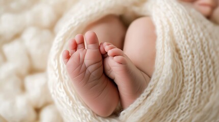 Closeup of baby's foot  in the white blanket