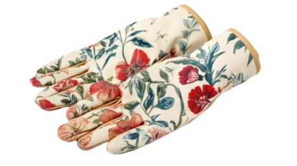 Gloves are decorated with flowers on transparent background