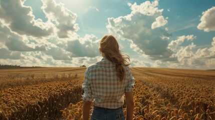 Fototapeta premium Portrait of Woman standing looking at agricultural field, AI generated image