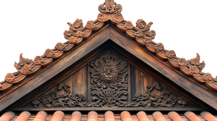 Beautifully carved wooden gable with intricate details and a terracotta tile roof, isolated on a white background.