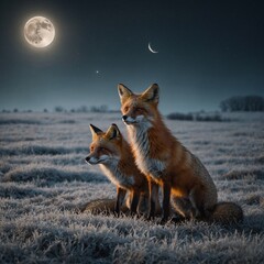 Two foxes gazing at a crescent moon over a frosty field.