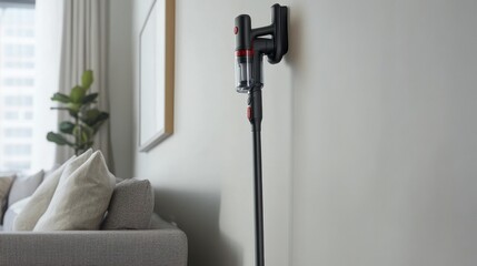 A cordless stick vacuum cleaner mounted on a wall for easy storage