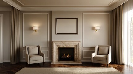 Fototapeta premium A modern living room featuring a fireplace, two elegant chairs, and neutral tones, creating a cozy and inviting atmosphere.