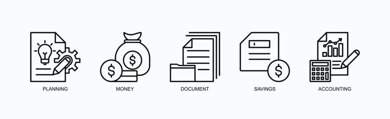 Blueprint To Prosperity Icon Set Isolated Vector With Icon Of Planning, Money, Document, Savings, Accounting In Outline Style