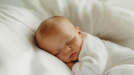 Newborn baby sleeping on a white fur blanket