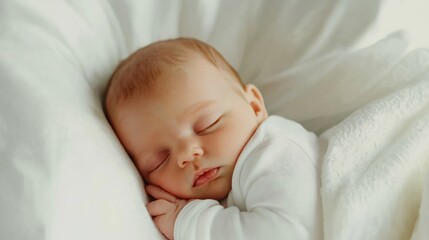 Newborn baby sleeping on a white fur blanket