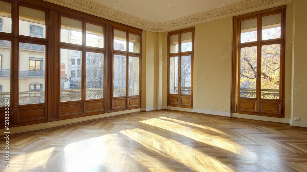 Poster expansive renovated room featuring large windows that invite sunlight and provide a serene view of t