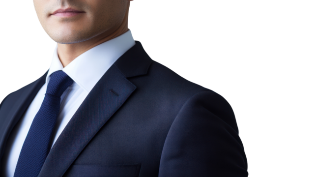 Close-up of a businessman in a formal suit, showcasing professionalism and confidence against a white isolated background.