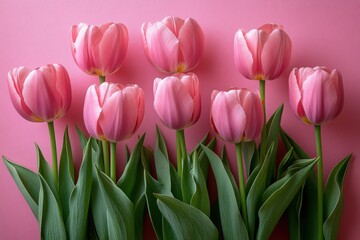 Obraz premium Valentine’s Day Inspired Flat Lay of Pink Tulips on Pink Background, Featuring Soft Copy Space for Messages or E-Commerce Banners.