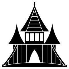 silhouette of a medieval castle with turrets, a drawbridge, and a tall stone wall