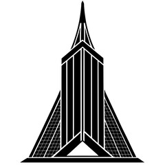 Silhouette of a skyscraper with an iconic modern design set against a stark white background
