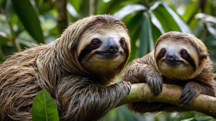 Fototapeta premium Sloth with Other Wildlife: A Harmonious Moment in the Rainforest Ecosystem