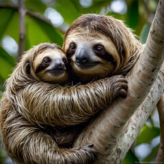 Naklejka premium A Tender Moment: Sloth Mother Gently Holding Her Baby in the Trees