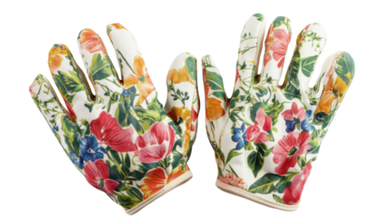 Gloves are decorated with flowers on transparent background
