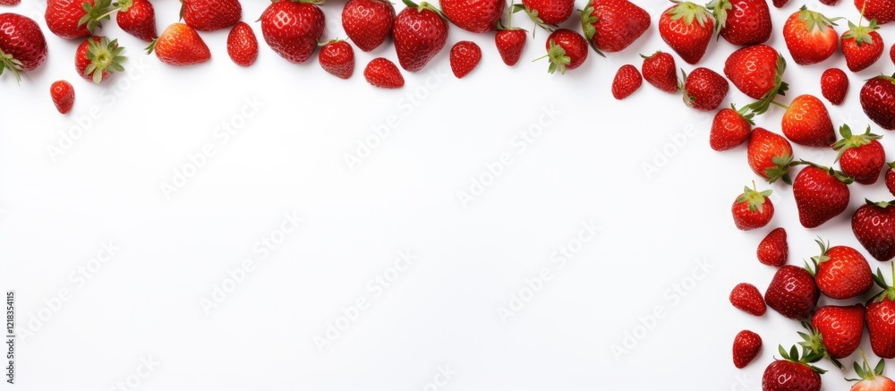 Poster Fresh red strawberries scattered across the top and left edges of a clean white background, creating a vibrant frame with ample copy space.
