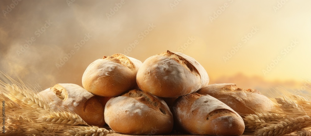 Poster Freshly baked bread loaves arranged in a rustic stack on a warm hazy background with golden wheat accents and ample copy space for text