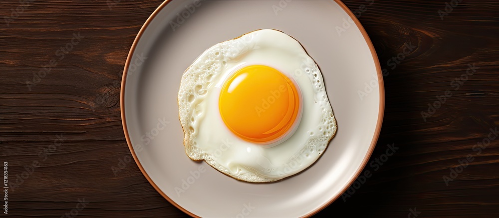 Poster sunny side up egg on a light beige plate centered on a dark wooden table with ample copy space showc