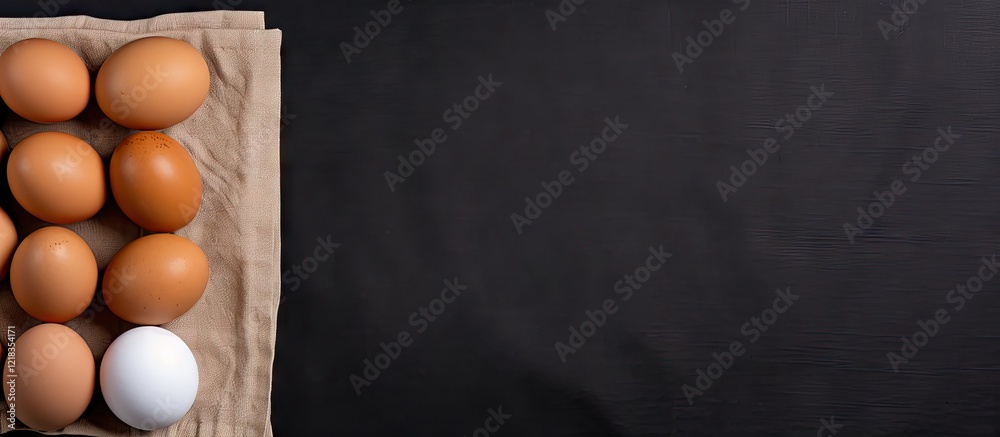 Poster top view of a black background featuring a carton of brown eggs and a white egg on a beige towel wit