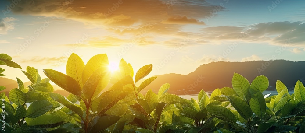 Poster lush green leaves foreground with warm sunset sky in the background creating serene nature scene wit