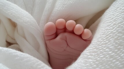 Closeup of baby's foot  in the white blanket