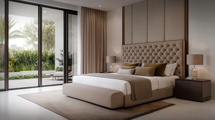 A modern bedroom featuring a tufted bed, soft lighting, and large glass doors opening to a serene outdoor space.