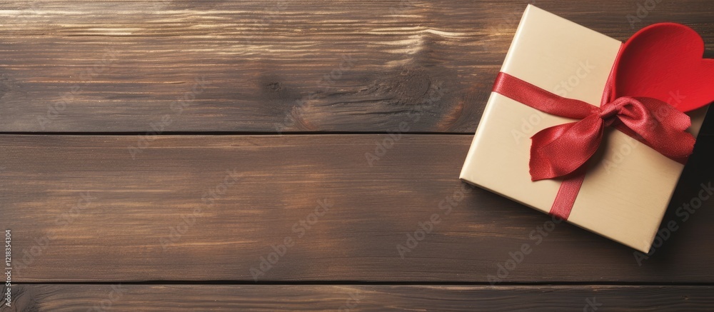 Fototapete Gift box wrapped with a red heart ribbon resting on a textured dark wooden background with ample copy space for customization and design elements.