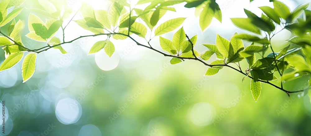 Poster vibrant summer foliage with softly blurred bokeh background in shades of green and light, highlighti