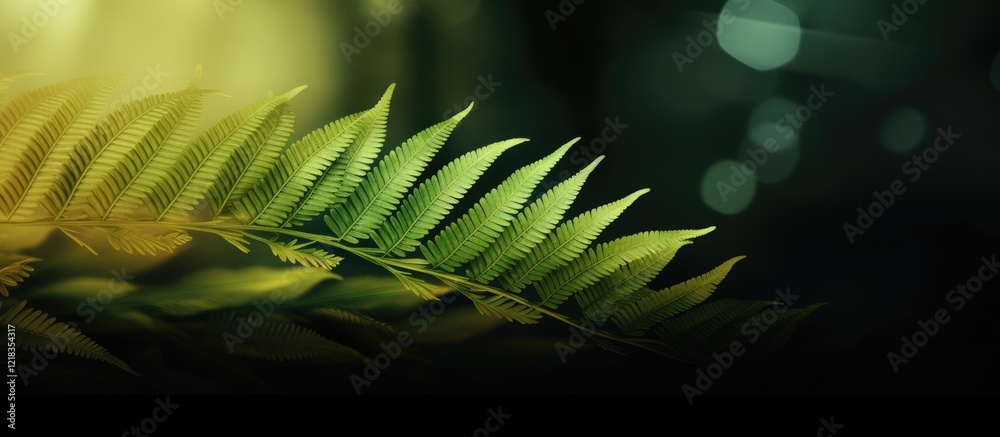 Fototapete Abstract background with lush green fern leaves on the left side, dark gradient at the bottom, and soft bokeh effect creating a serene atmosphere.