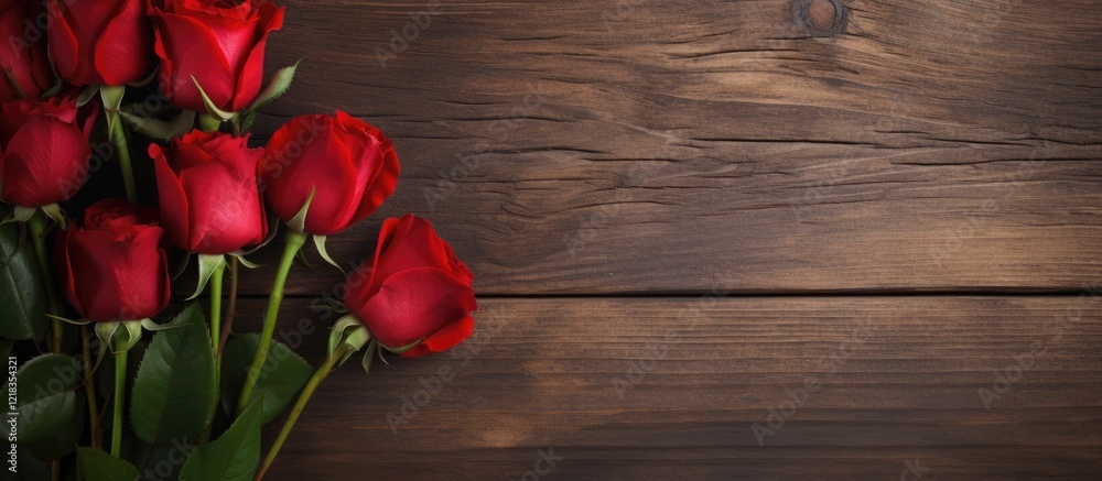Poster red roses arranged on a dark wooden surface with ample copy space on the right, showcasing rich colo