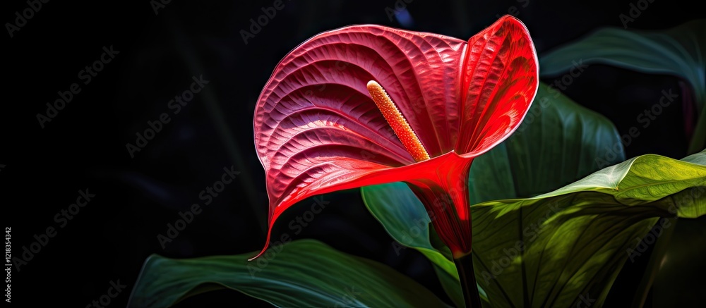 Poster red anthurium flower in full bloom displaying glossy petals and intricate texture against a dark bac
