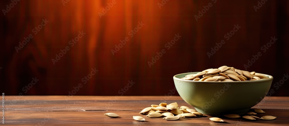 Poster small green bowl filled with pumpkin seeds placed on a wooden surface with warm brown tones and cont