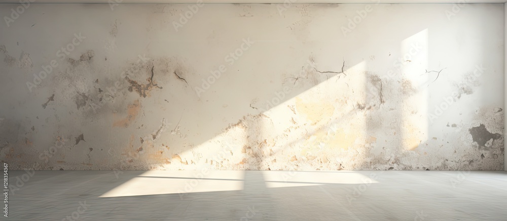 Fototapete Illuminated empty room with cracked walls and floor casting long shadows from a bright window using soft beige and gray tones for a calming atmosphere