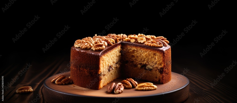 Poster Homemade walnut sponge cake on a dark wooden table with a sliced portion revealing textured layers, adorned with pecans, ample copy space available.