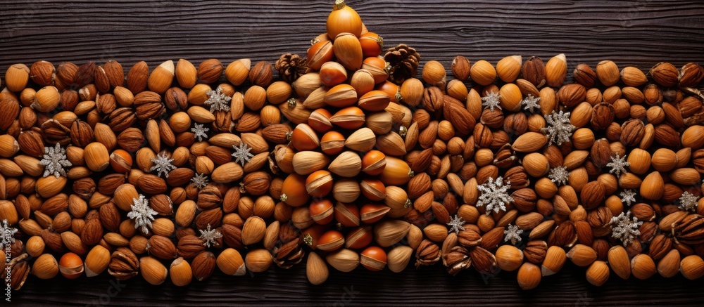 Aufkleber top view of a christmas tree crafted from assorted nuts and acorns on a dark wooden surface, with sn