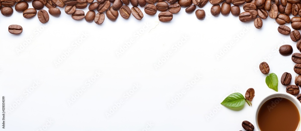 Poster coffee beans border with fresh green leaves framing a white background and a brown cup, creating a w