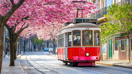Fototapeta premium Spring Encounter in Lisbon: Blossoming Trees, Tram Ride, Afternoon Sunshine, Realistic Scenery