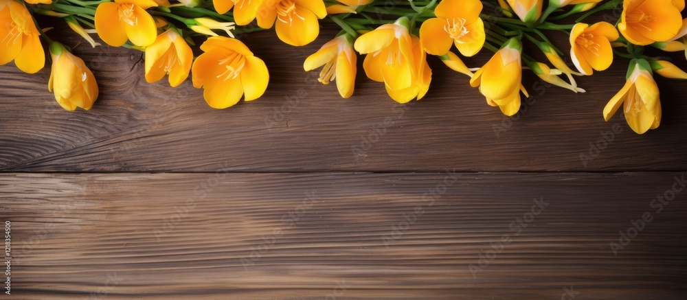 Poster vibrant yellow freesia flowers arranged along the top edge of a rustic dark brown wooden background 
