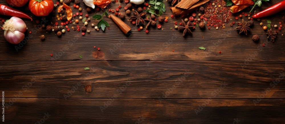 Poster wooden table from above featuring mediterranean dried tomatoes garlic and spices with dark brown hue