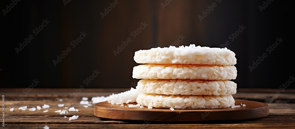 Aufkleber gluten free rice cakes stacked on a dark wooden surface with textured background offering ample copy
