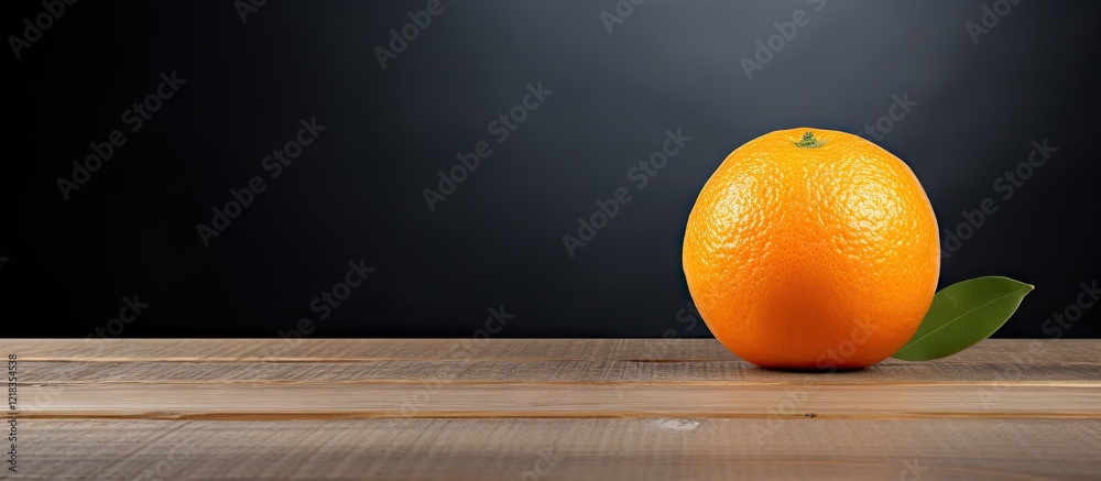 Poster Vibrant mandarin orange positioned to the right on a wooden table with dark background displaying ample copy space for text and design