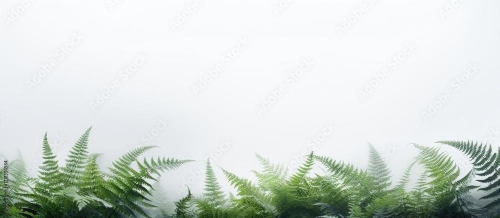 Poster Serene dew-covered ferns in vibrant green at the bottom on a clean white backdrop creating ample captivating copy space above