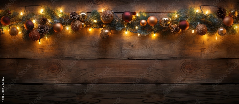Poster Festive Christmas lights and decorations arranged along a wooden background with warm golden hues creating ample empty space for text or visuals.