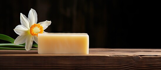 Fototapeta premium Handmade natural soap bar positioned on a wooden table with a white daffodil adorned nearby against a dark neutral backdrop for a serene look