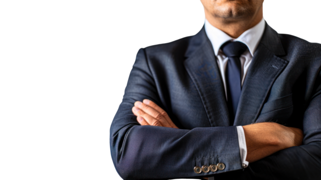 Confident businessman in a formal suit, arms crossed, isolated on white background, exuding professionalism and authority.