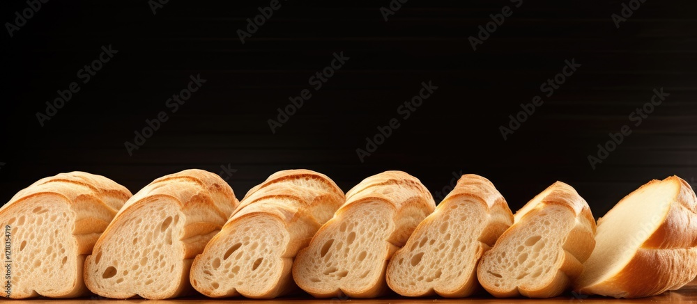 Aufkleber sliced french bread on a dark background with warm light highlighting the crust, arranged neatly for