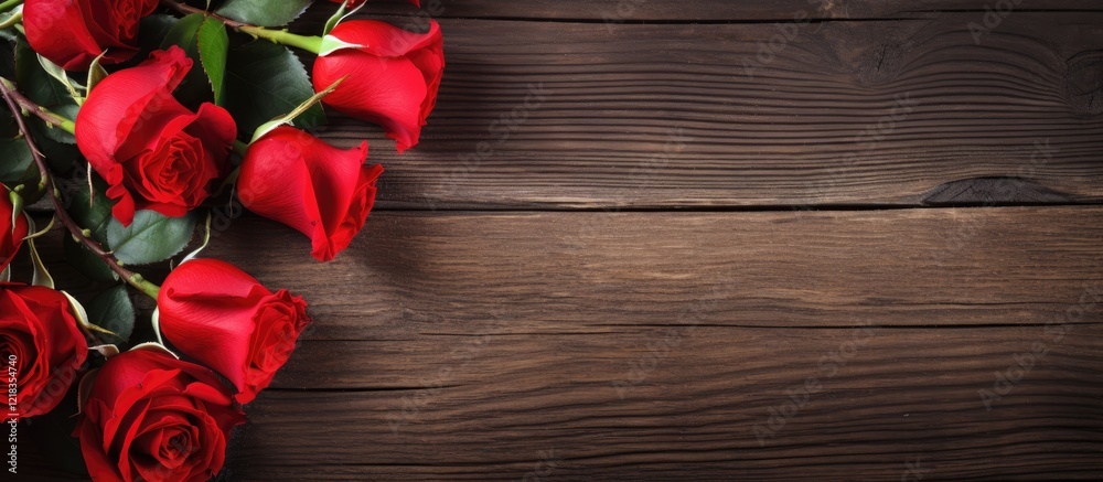 Poster Vibrant red roses elegantly arranged on a rustic wooden backdrop with ample negative space for text or graphics on the right side of the image