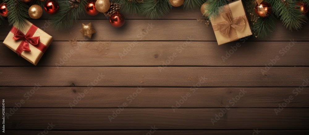 Poster top down view of a rustic wooden surface featuring christmas gift boxes with red and gold ornaments 